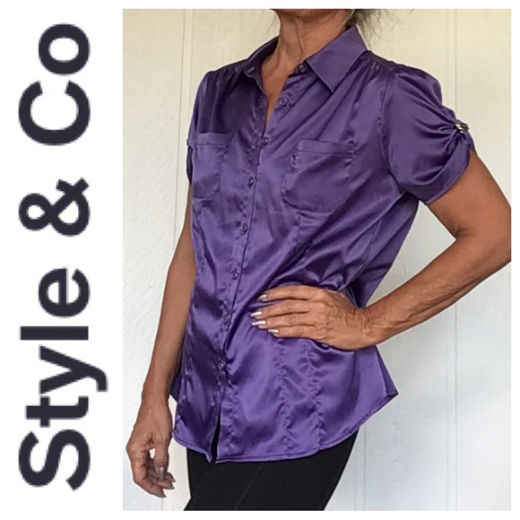 MACYS STYLE & CO PURPLE SATIN BUTTON DOWN BLOUSE SIZE 12 - Picture 2 of 10